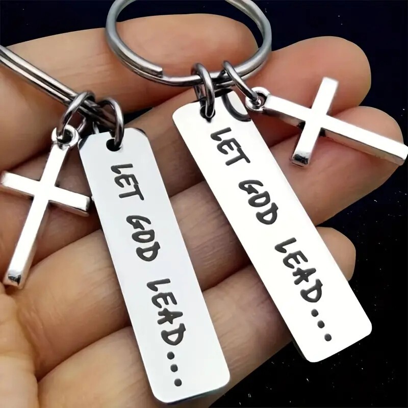Cross-Border Temu Hot-Selling Engraved Cross Keychain, Cross-Shaped Keychain with the Phrase "Let God Lead," Clearance Sale