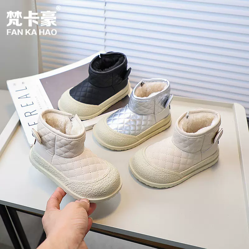 梵卡豪宝宝雪地靴2024冬季新款儿童加厚加绒棉鞋女童时尚皮短靴