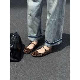 秒发羊皮版~2026新款复古圆头平底豹纹浅口单鞋女芭蕾舞玛丽珍鞋