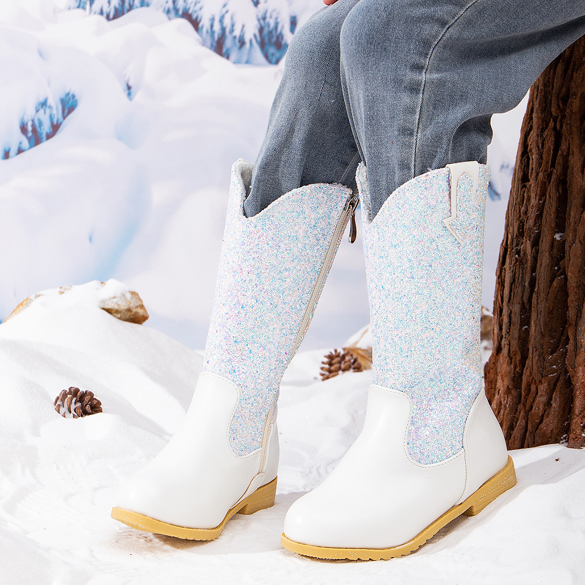 Barnskor Paljetter flickor prinsessboots höst och vinter ny stil liten flicka westernstövlar barn plus sammet varma runda långa stövlar_voghion.com