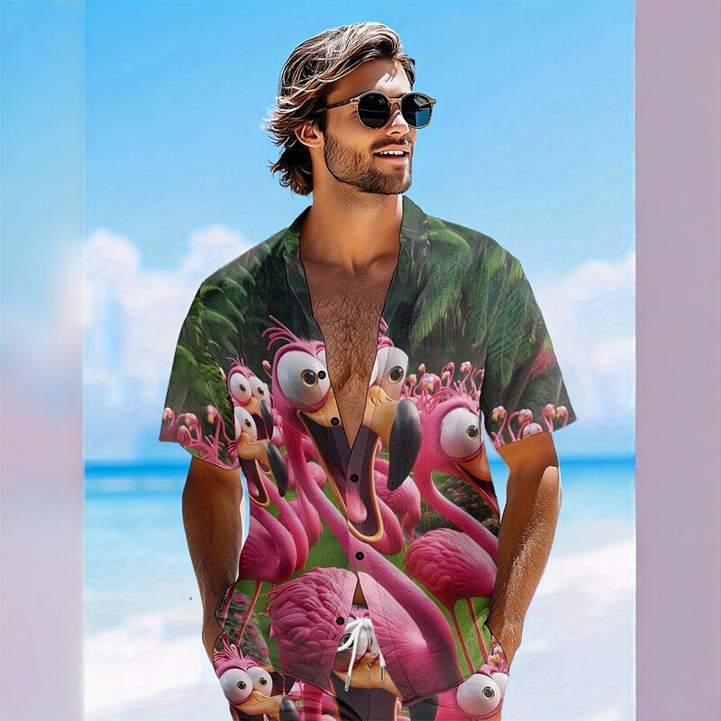 Foreign Trade Fun Cartoon Flamingo Green Plant Men's Short-Sleeve Shirt Amazon Large Size Source of Goods One-Piece Dropshipping Ready Stock Foreign Trade Fun Cartoon Flamingo Green Plant Men's Short-Sleeve Shirt Amazon Large Size Source of Goods One-Piece Dropshipping Ready Stock