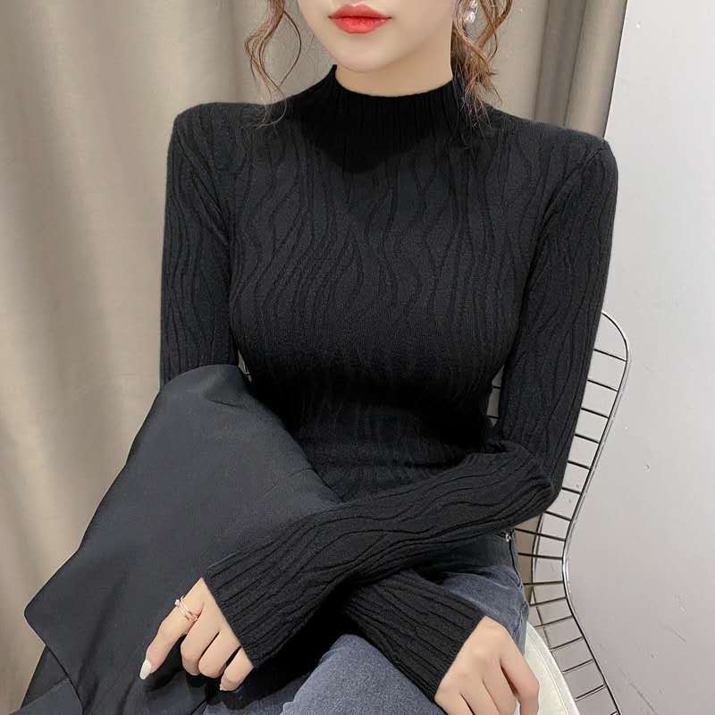 Suéter de fondo de manga larga con cuello alto para mujer 2023 otoño e invierno nuevo top de adelgazamiento slim fit Camisa de fondo de color sólido de estilo occidental image 4
