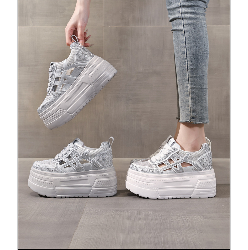 Giày sneaker nữ đế dày tăng chiều cao, phối đá rhinestone, lưới thoáng khí — màu trắng chi tiết 17