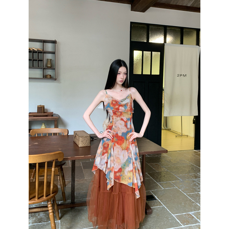 Real Shot of In-Stock Gradient Print Mesh Flared Strapless Long Dress