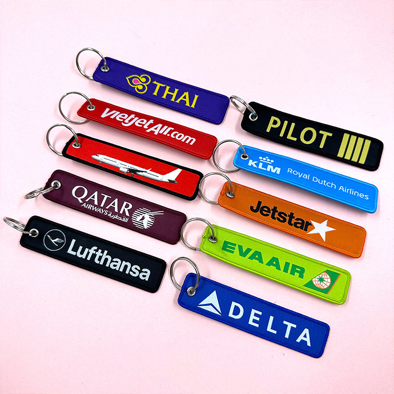 Woven Label Text Keychain Double-Sided Embroidery English Aviation Aircraft Cloth Strip Pendant Backpack Cloth Pendant Keychain