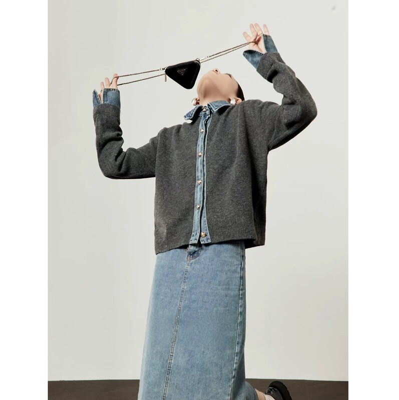 Zliwu/Gray Sweater Women's 2025 Autumn New Polo Collar Denim Patchwork Loose Easiest for Match Knitted Jacket