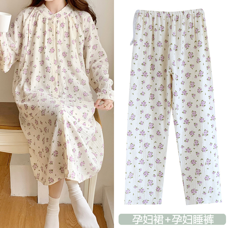 春纯棉月子服纱布双层待产裙产后孕妇全棉睡衣哺乳睡裙一件装包邮