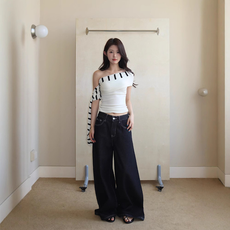 Plus Size Retro High-Waisted Wide-Leg Dark Blue Hot Girl Jeans Women's Summer Casual Loose Versatile Slimming Floor-Length Pants Plus Size Retro High-Waisted Wide-Leg Dark Blue Hot Girl Jeans Women's Summer Casual Loose Versatile Slimming Floor-Length Pants