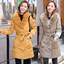 真獭兔毛领连帽中长款羽绒服女时尚修身腰带款白鸭绒冬装外套
