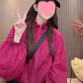 胖大码欧货复古显白短外套夏季立领设计感显白玫红色长袖服