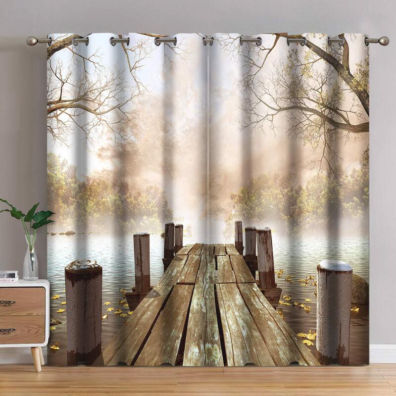 Cross-Border Wooden Lake View Autumn Natural Scenery Fallen Leaves Forest Pier Digital Print Curtains Bedroom Living Room Manufacturer Cross-Border Wooden Lake View Autumn Natural Scenery Fallen Leaves Forest Pier Digital Print Curtains Bedroom Living Room Manufacturer