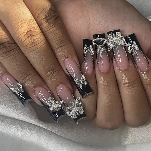 European and American Long Tube Press-On Nails, French Style Nails, Butterfly Rhinestones, Removable Nail Tips, Press-On Nails
