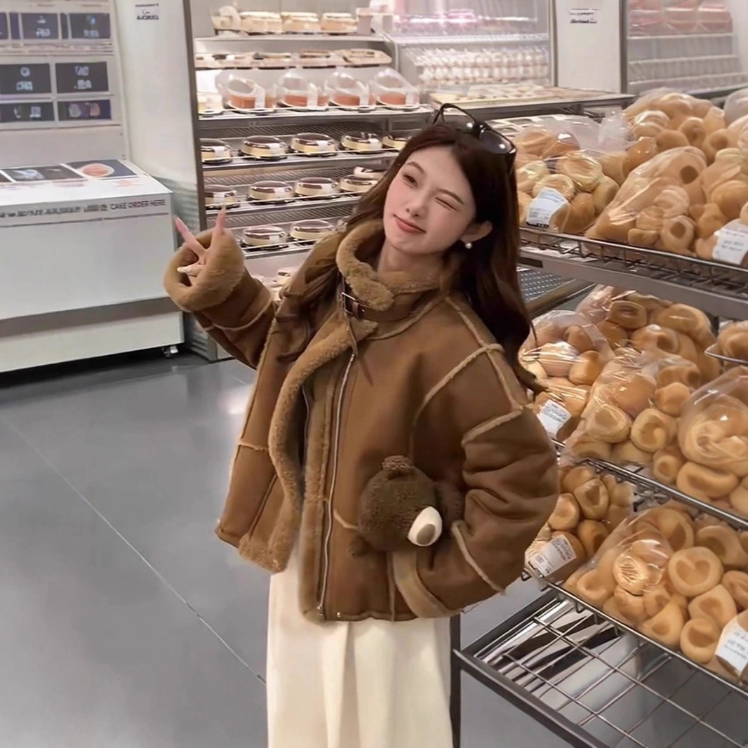 Korean Retro Fur One-Piece Imitation Lamb Hair Suede Jacket Women's Autumn and Winter New Thickened Motorcycle Jacket Top