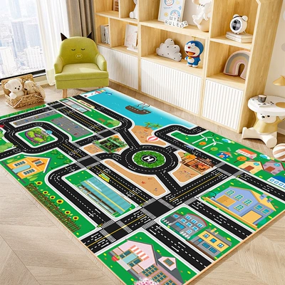 Track Road Traffic Kindergarten Living Avtomobil döşəmə paspasları - dream-micro-city-7-super-soft-anti-slip-crystal-cloud-velvet-80120cmentrance-size