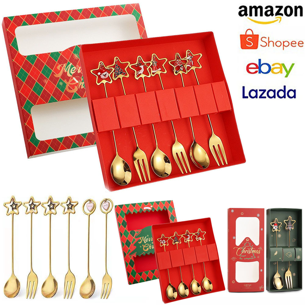 跨境圣诞节勺子304不锈钢搅拌勺星星吊坠勺餐具甜品勺叉礼盒套装