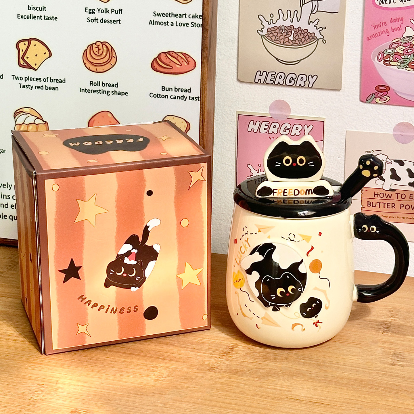 Cute gato cerámica taza con cubierta taza de cuchara de taza de agua de alto valor para niñas taza de regalo de cumpleaños casera taza de pareja