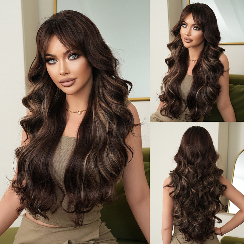 Cross-Border European and American Wig for Women with Long Curly Hair, Big Waves, Eight-Shaped Bangs, Brown Highlighted Honey Gold Wig, Full Headgear