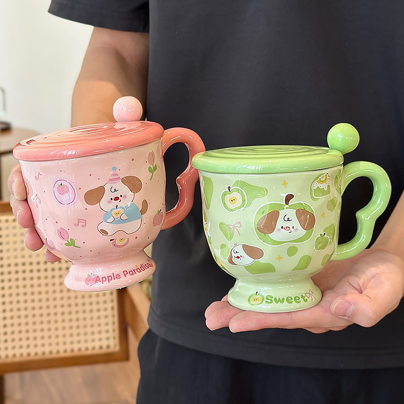 Alto valor facial encantador taza de dibujos animados con cubierta de cuchara taza de agua cerámica pareja de desayuno casero taza de café de leche práctica image 1