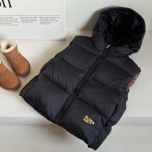 Winter Children's Down Vest Warm Middle and Large Children's White Duck Down Black Gold Down Vest Boys and Girls Hooded Outer Wear