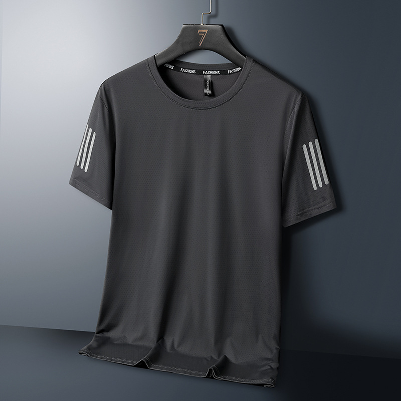 Camiseta transfronteriza de tres barras para hombre de gran tamaño de seda de hielo de manga corta verano delgado transpirable deportivo de secado rápido de media manga superior para correr