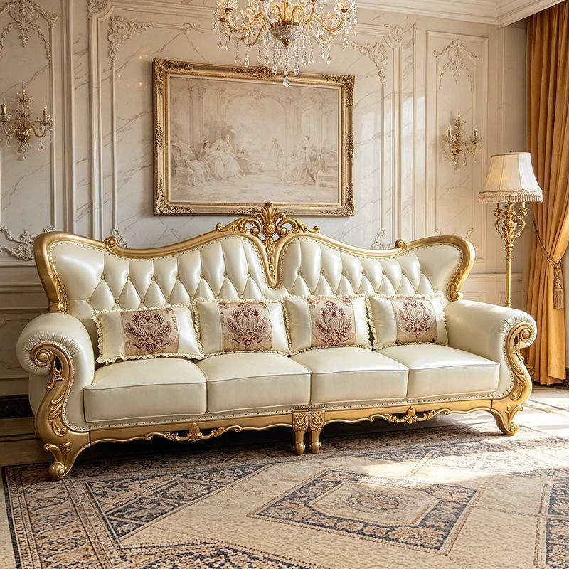 European-Style Ultra-Luxury Solid Wood Sofa for Large Villas and Self-Built Homes, with Double-Sided Carving and Creative Genuine Leather Design