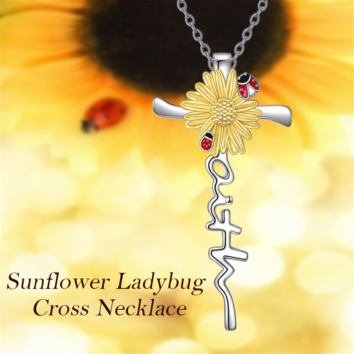 Collier pendentif croix tournesol coccinelle pour femme élégant_voghion.com