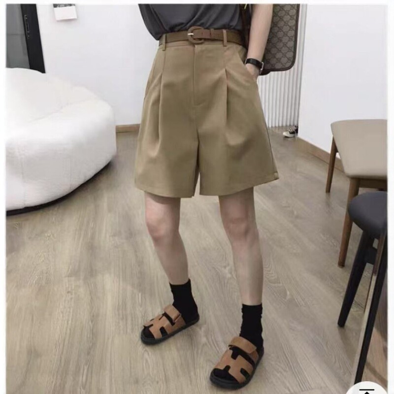 Ice Silk Cotton Work Shorts for Women, New Summer Style, High-Waisted, A-Line Straight-Leg Pants, Casual Versatile Wide-Leg Five-Point Shorts