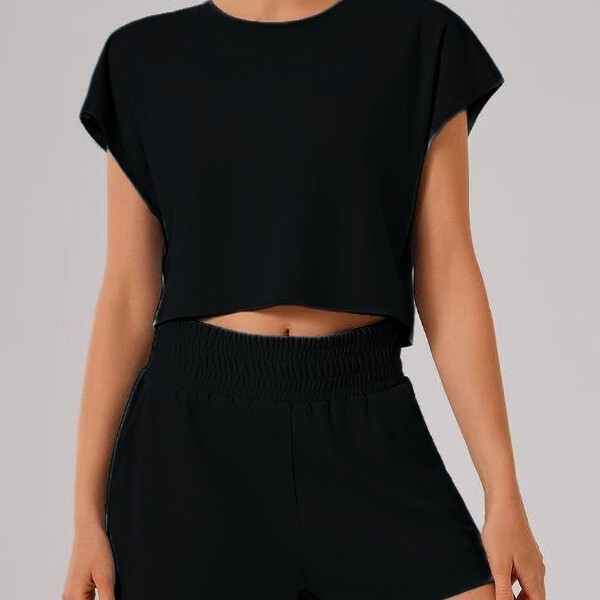 New Quick-Drying Solid Color Round-Neck High-Elastic Short-Sleeved Top Anti-Exposure Shorts Sports Yoga Clothing Set