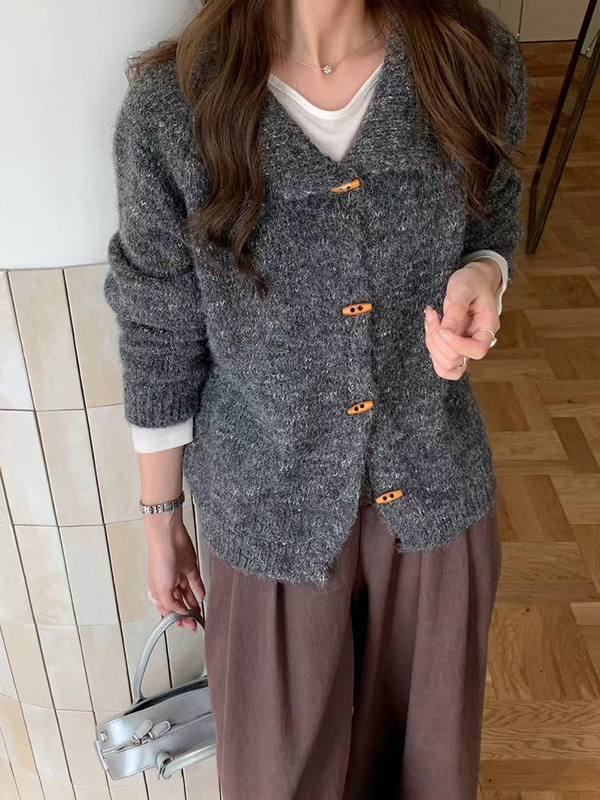 复古杂线花色翻领牛角扣毛衣开衫女秋季新款宽松软糯针织外套上衣|undefined