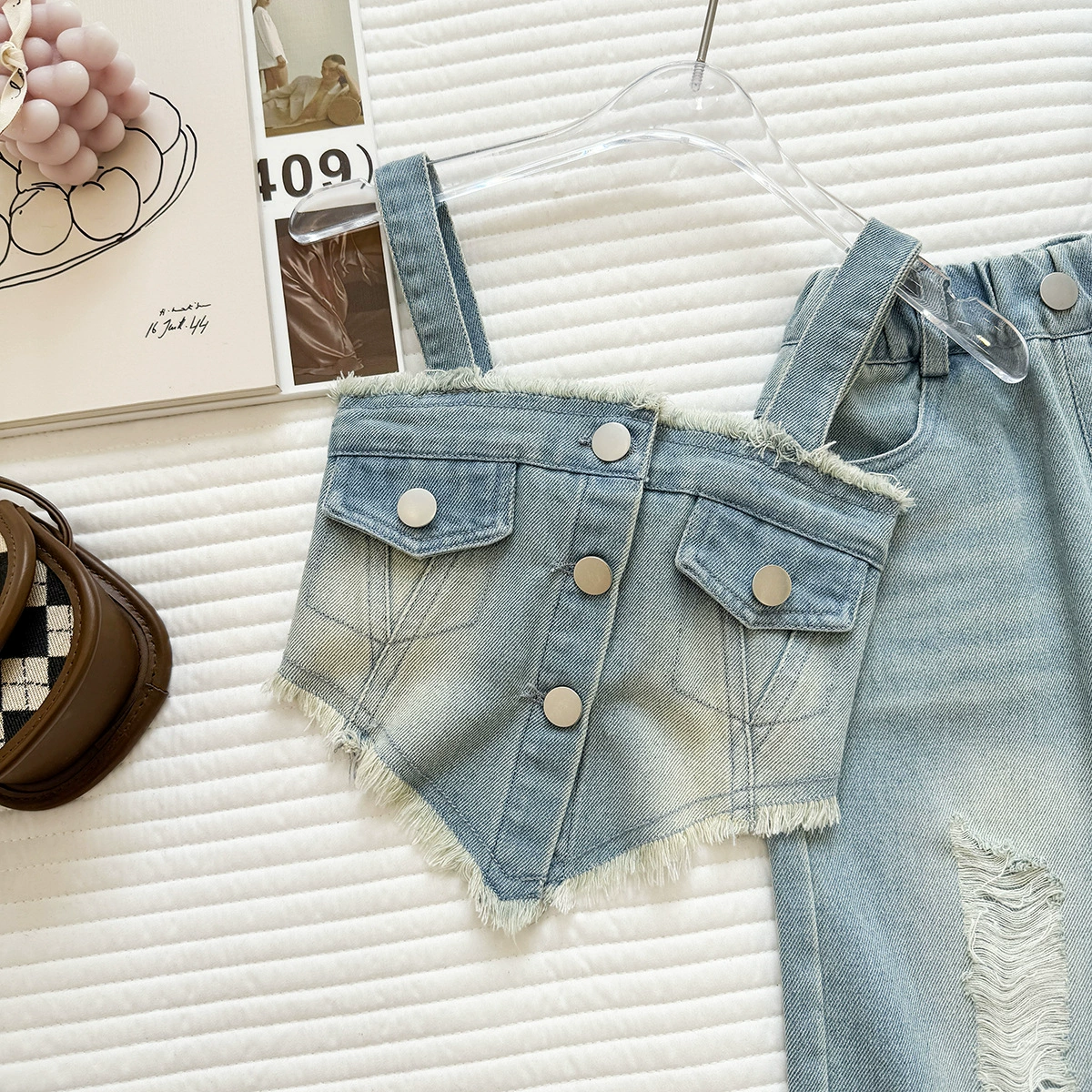 Denim summer set, top with cups, children's trousers