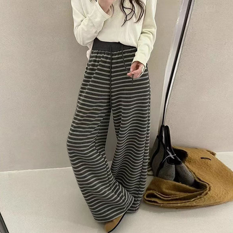 撞色条纹阔腿裤女秋季新款抽绳高腰垂感女裤宽松慵懒感直筒休闲裤|undefined