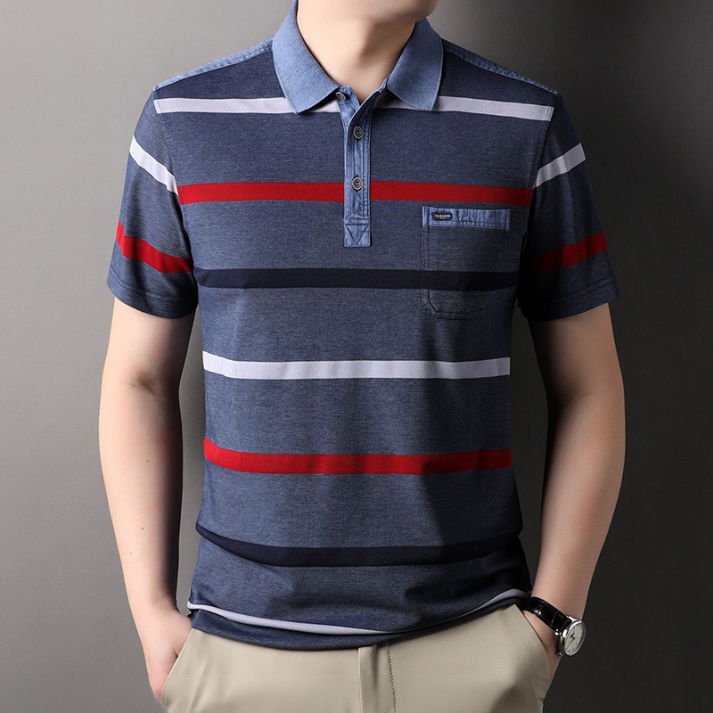 2026 Summer New Men's Short-Sleeve T-Shirt, Stylish Striped Cotton Polo Shirt with Pockets for Middle-Aged Dads