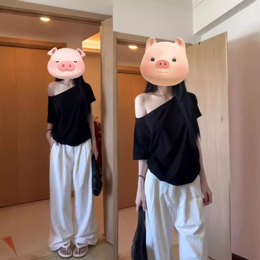 순수한 욕망 반팔 어깨 티셔츠 여성용 여름 날씬한 어깨 오픈 어깨 디자인 센스 루즈 아우터 탑 2024 새로운 스타일