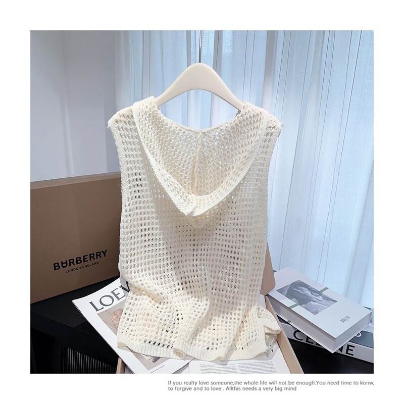 Summer Hollow-Out Hooded Knitwear for Women, Lazy Style Sleeveless Vest, Layered Hollow-Out Cover-Up Top for Outerwear