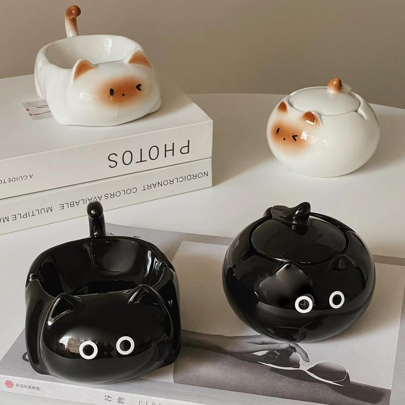 Mulanqi オリジナル シャム猫灰皿 リビングルーム オフィス デスクトップ カバー付き セラミック かわいい アート オーナメント|undefined