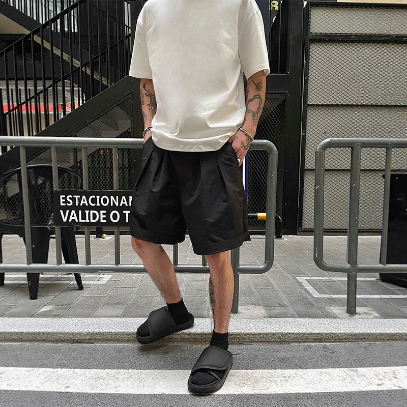 Summer New Double Pleat Design Men's Loose Shorts Trendy Casual Versatile American Style Ins Pants