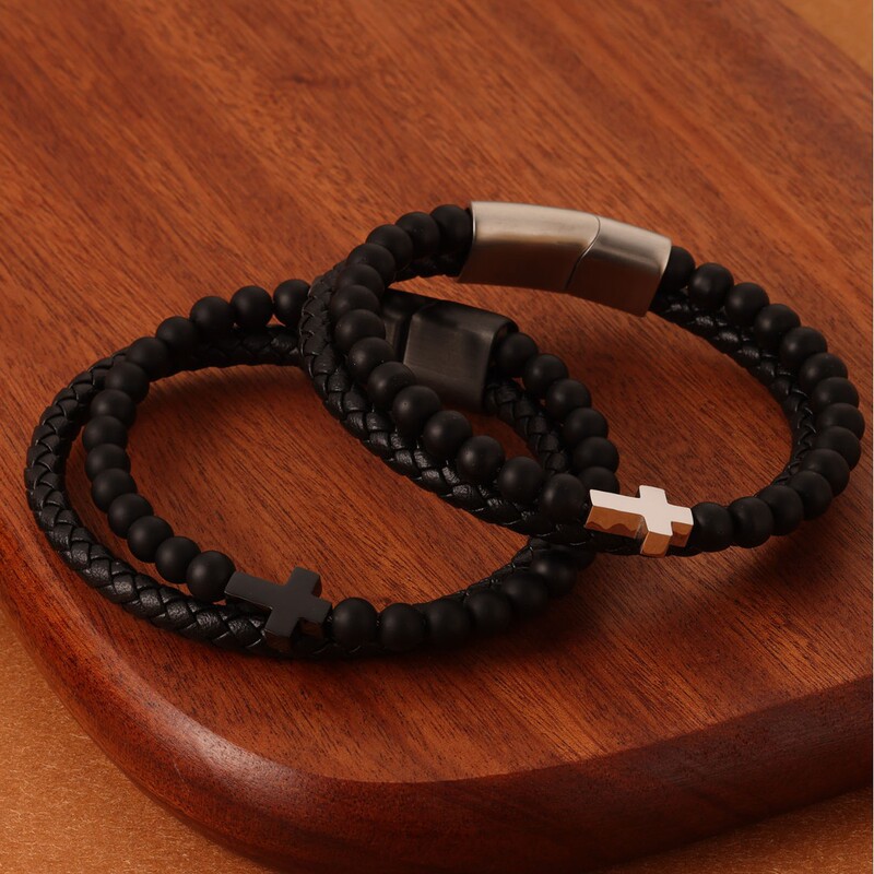 Beaded Cross Bracelet Double-Layer Leather Magnetic Bracelet Classic Men's Stainless Steel Jewelry Beads Artistic Retro