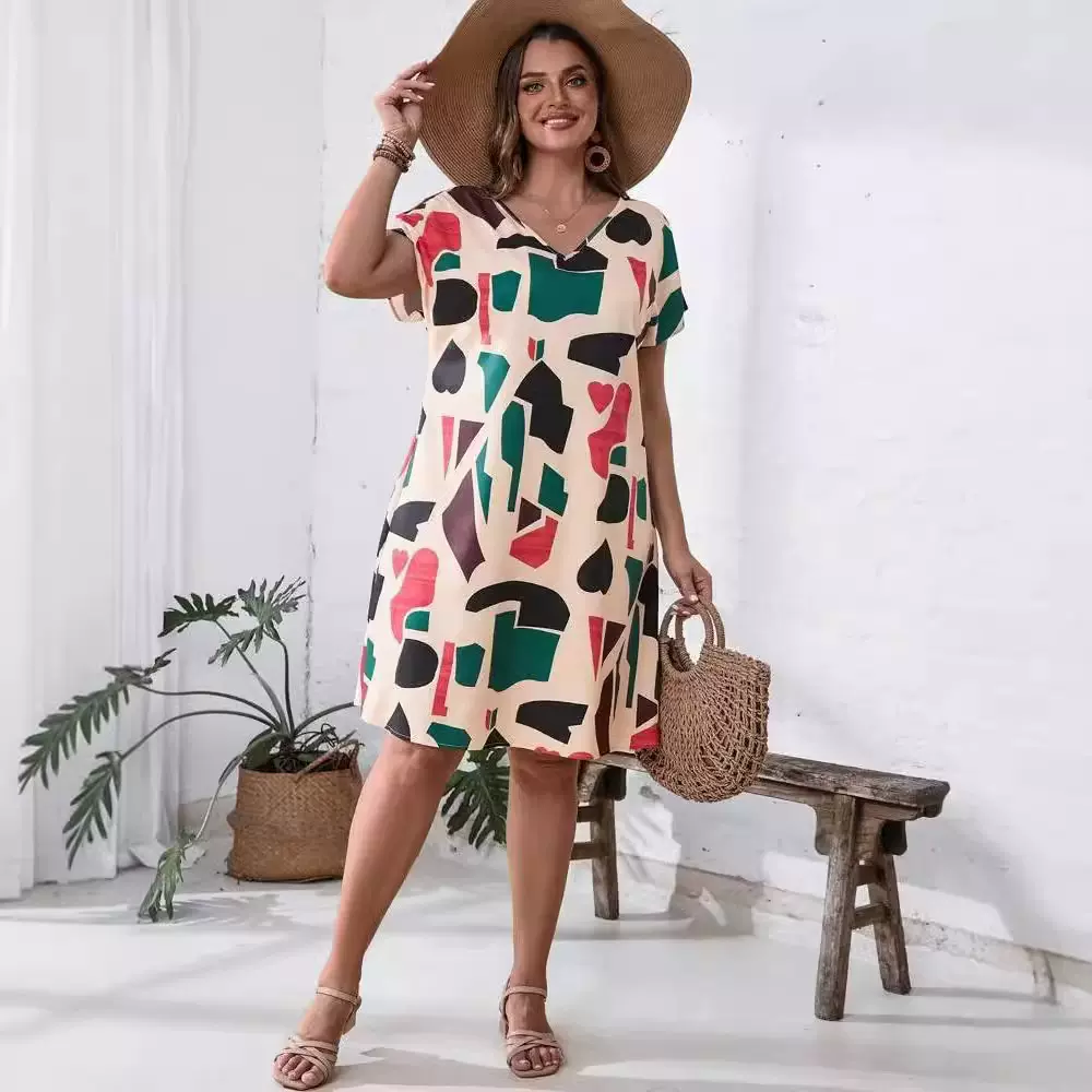 2024新款亚马逊欧美宽松大码女装圆领时尚高级长袖印花V领连衣裙