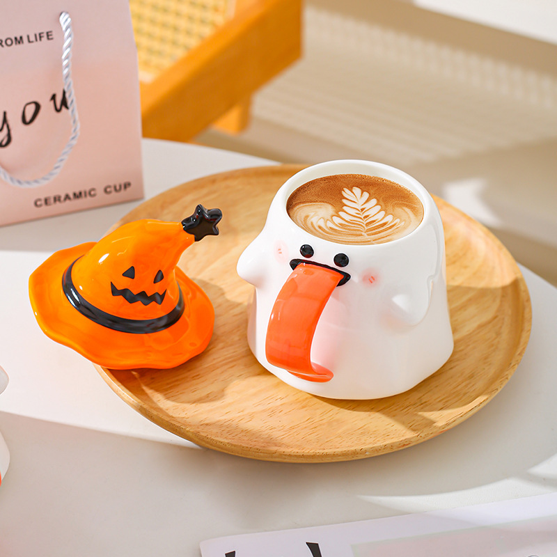 Taza fantasma extraña con tapa de marca taza de cerámica regalo de Halloween taza de café de oficina de alto valor