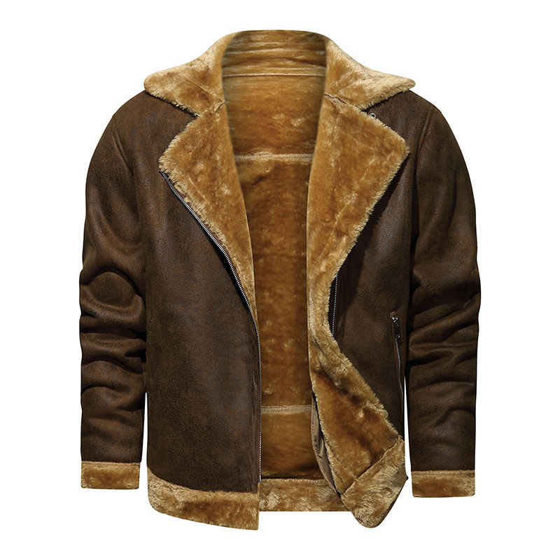 Cross-Border Supply of New Winter Men's Leather and Fur Integrated Collared Fleece-Lined Thick Fitted Jacket Men's Top with Lamb Wool