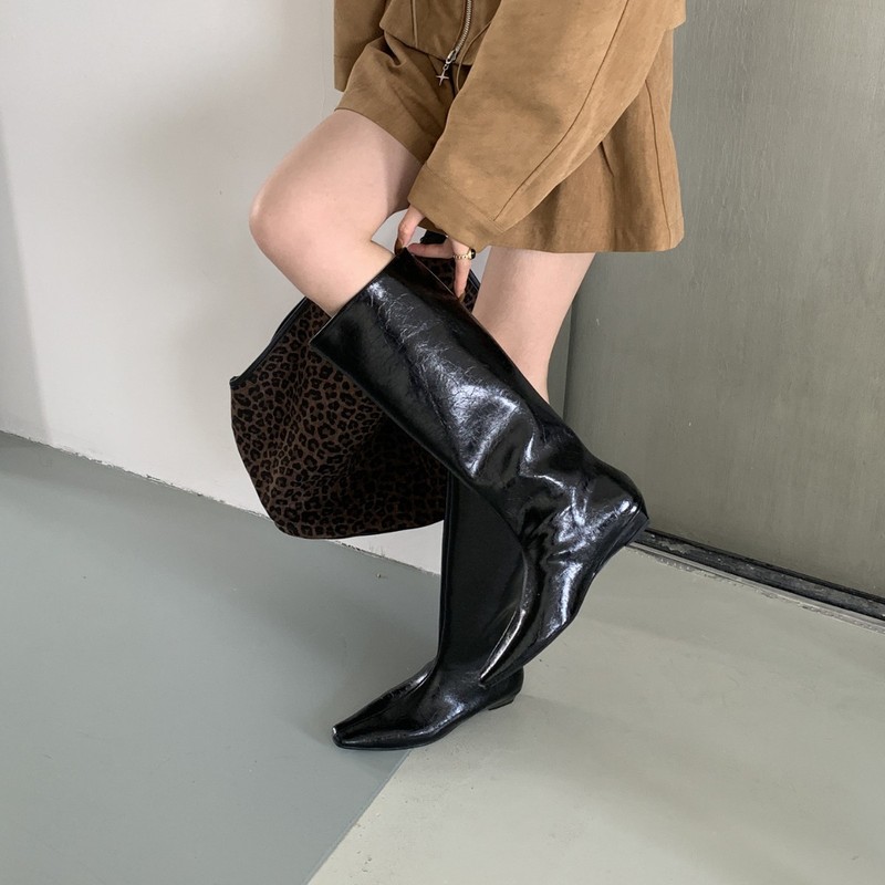 百搭气质低跟骑士靴女春秋韩版简约方头套筒高筒坡跟靴子时尚复古|undefined