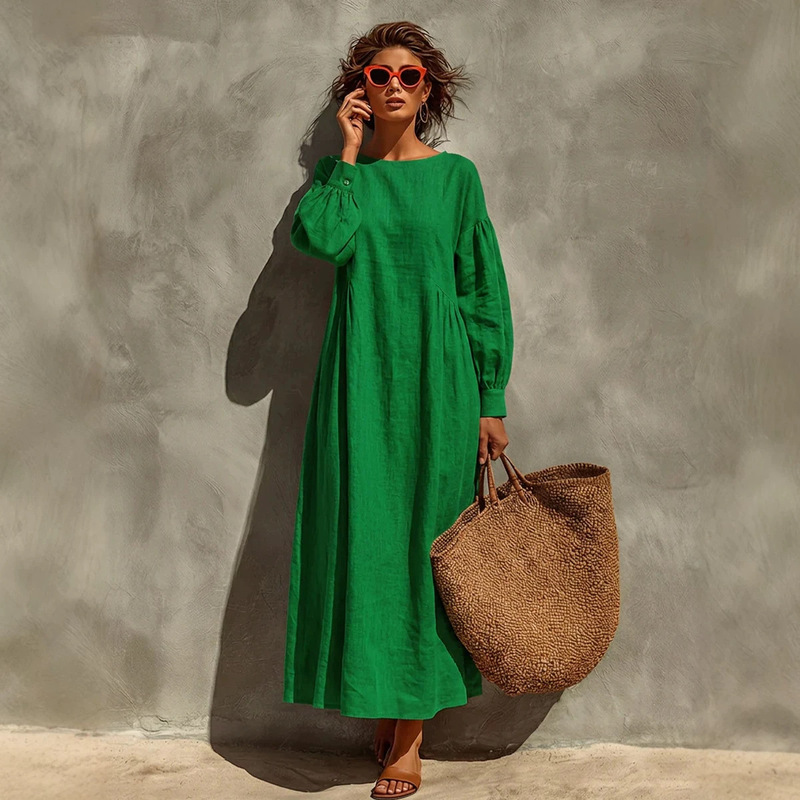 2026 New European and American Style Linen Round Neck Puff Sleeve Simple Bohemian Loose Long Dress 2026 New European and American Style Linen Round Neck Puff Sleeve Simple Bohemian Loose Long Dress