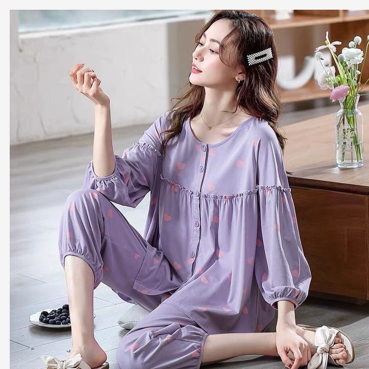 Pijama de mujer otoño invierno algodón nuevo cardigan de manga larga a cuadrillas grande se puede usar con ropa de casa de primavera y otoño