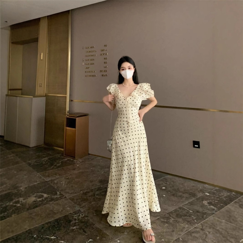 French Lace-Up Puff-Sleeved Polka-Dot Dress for Women Summer New Style Ruffled Waist Slimming Chic Long Skirt