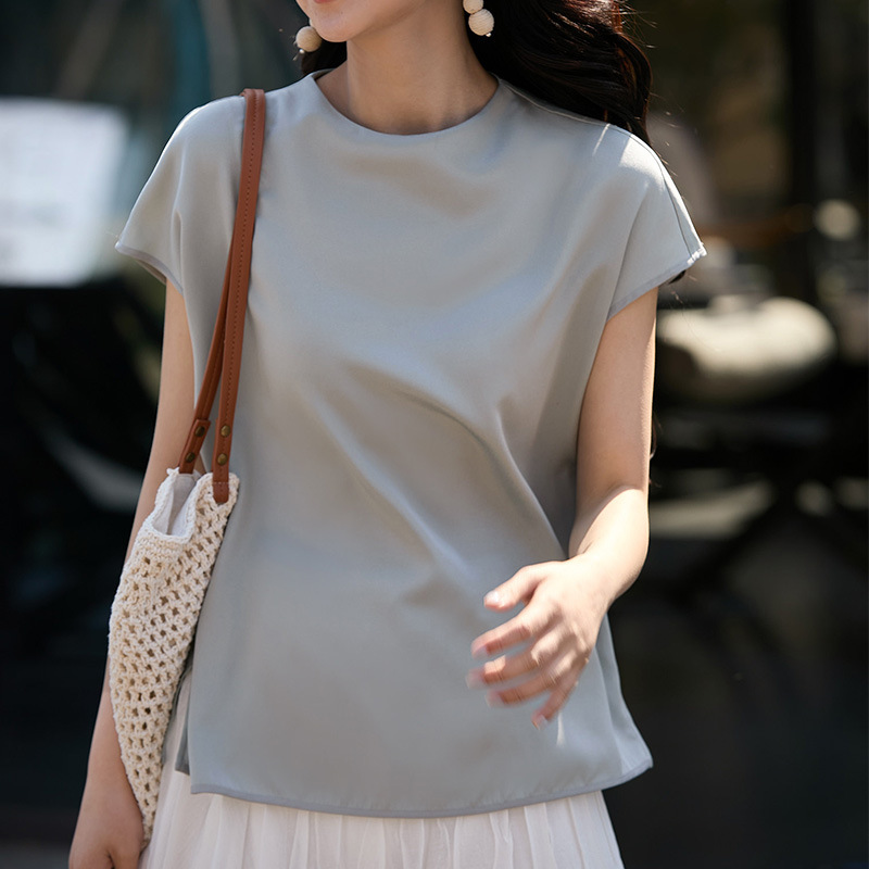 Heavy Silk Blouse, Stretchy Heavy Crepe High-End Mulberry Silk, Satin Short-Sleeve T-Shirt Top, New Women's Summer Fashion