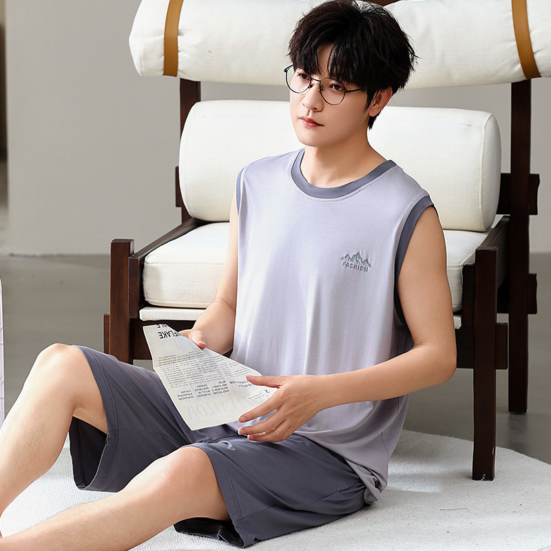 2026년 신상 모달 잠옷 남성용 조끼 반바지 여름 라운드넥 얇은 대형 사이즈 홈웨어 세트 아우터웨어