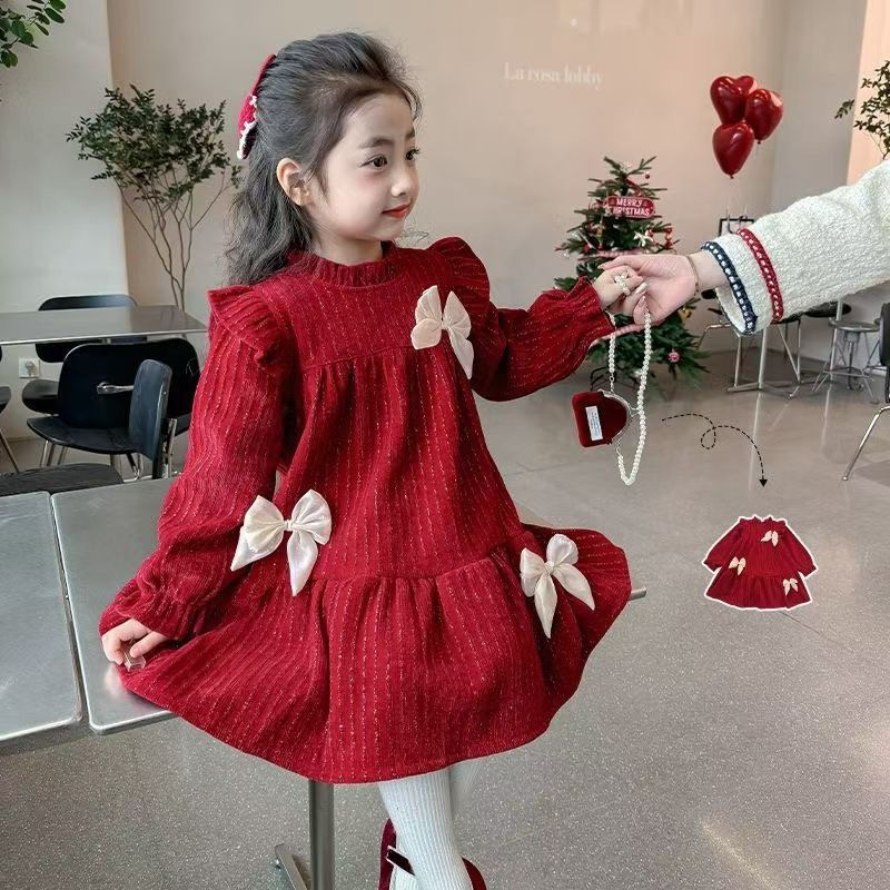 Niñas otoño e invierno más vellón nuevo vestido invierno niños falda roja año nuevo estilo occidental niña princesa año nuevo