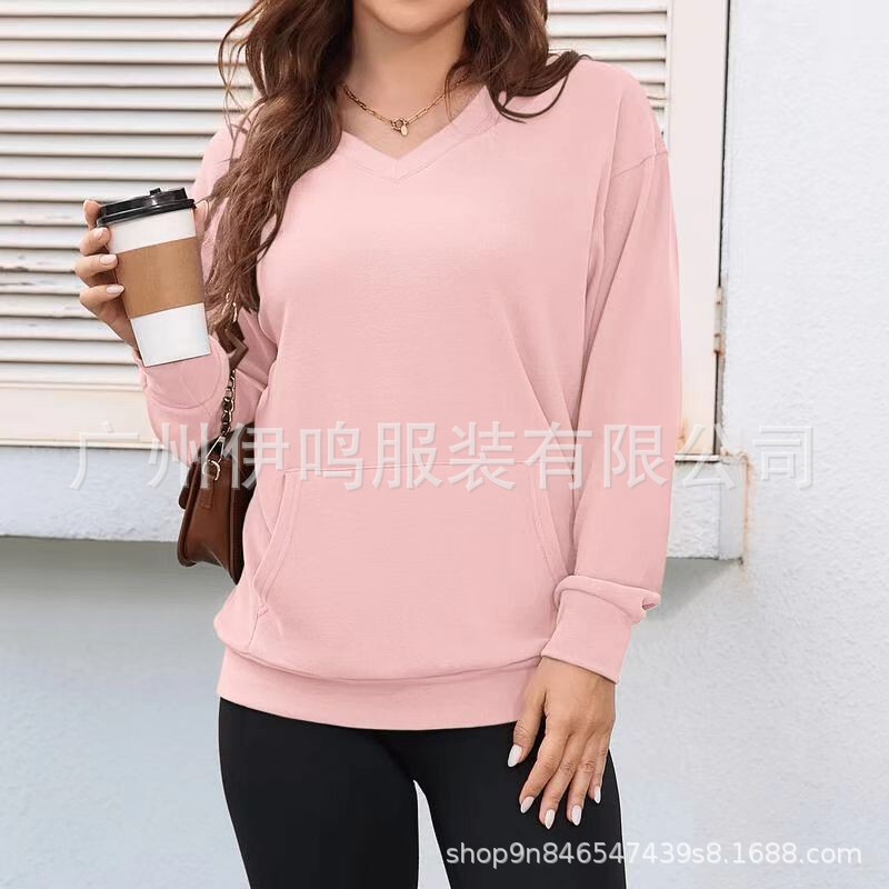 纯色V领宽松卫衣女秋冬新款长袖上衣大码休闲外套|undefined