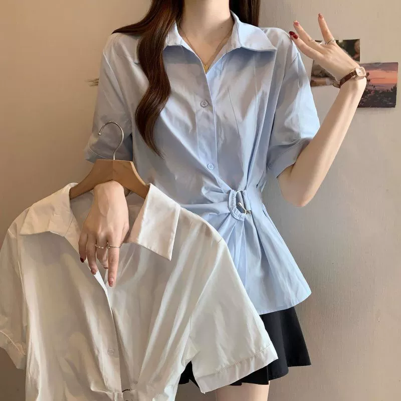 Женская рубашка с отложным воротником во французском стиле, новый весенне-летний нестандартный дизайн, универсальный утягивающий топ с короткими рукавами, модный.