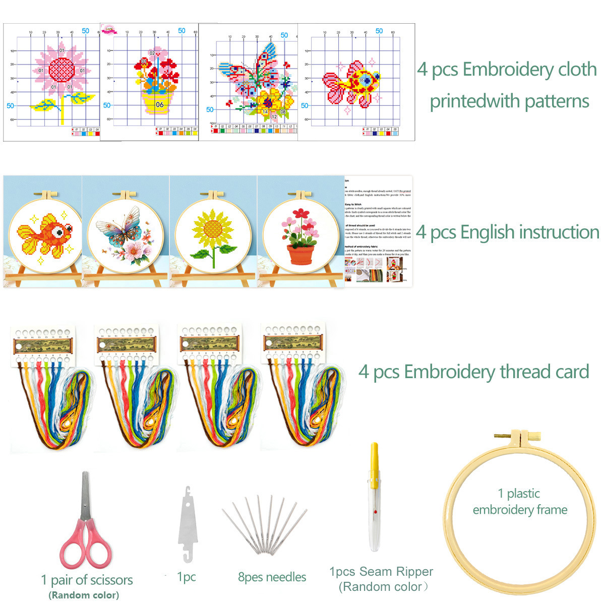 Compre girasol-pez dorado-mariposa-combinación de planta en maceta 16CM bordado gratis 1 pasador de agujas de hierro 1 tijeras para niños 1 separador de cables 1
